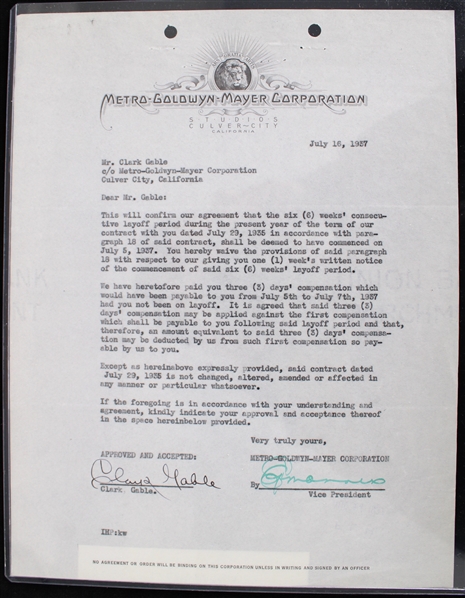 1937 Clark Gable (d.1960) Signed MGM Contract
