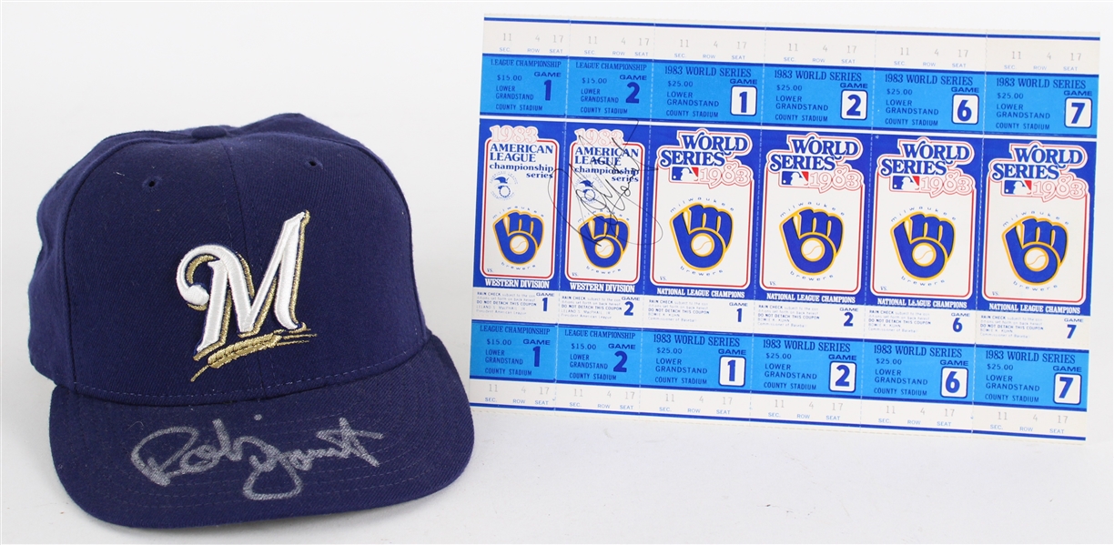 1983-2000 Robin Yount Milwaukee Brewers Signed Cap & 1983 ALCS / World Series Ticket Ghost Strip (JSA)