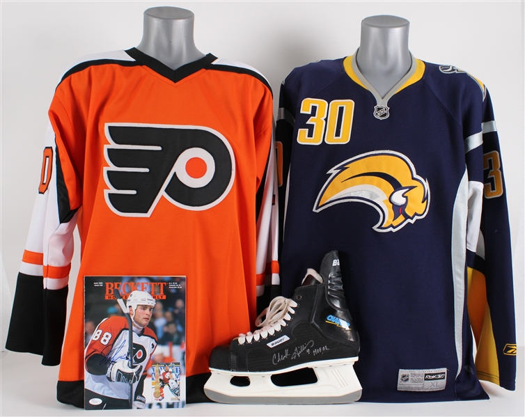 2000 Hockey Signed Collection - Lot of 4 w/ Clark Gillies Skate, John LeClair Jersey, Ryan Miller Jersey & Eric Lindros Beckett Monthly (JSA)