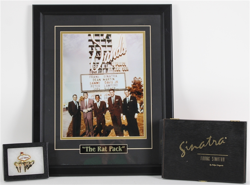 2000s Frank Sinatra Rat Pack Memorabilia Collection - Lot of 3 w/ 18" x 23" Framed Photo, Sinatra Cigar Box & Pin