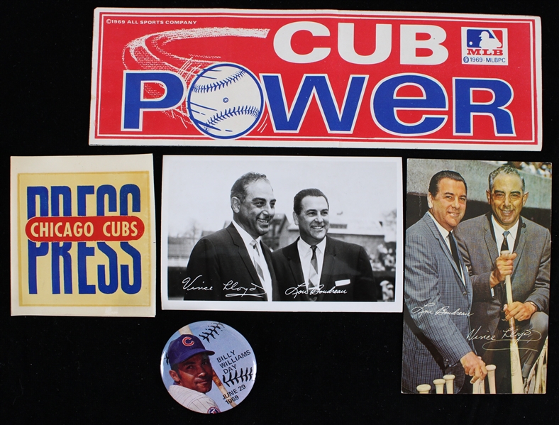 1960s Lou Bourdeau Chicago Cubs Postcards Billy Williams 2" Pushback Pin and More (Lot of 6)