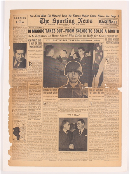 1943 Joe DiMaggio New York Yankees Joins the Army The Sporting News Newspaper Page