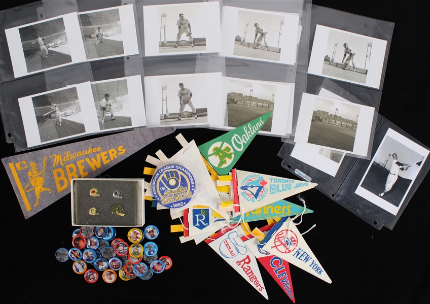 1970s-80s Baseball Memorabilia Collection - Lot of 60 w/ Pinback Buttons, Mini Pennants & More