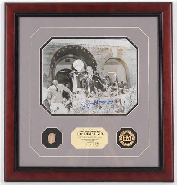 1955 Joe DiMaggio HOF Induction Signed 16x17 Framed Photo w/ Bat Piece (JSA)