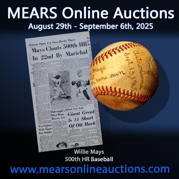 1965 (Sept. 13th) Willie Mays San Francisco Giants 500th Career Homerun – Hit at Astrodome (Attributed to the Estate of Sallie B. Norman) MEARS LOA