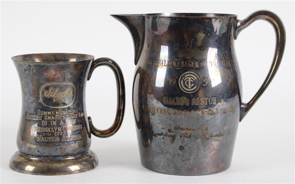 1955-59 Walter Alston Brooklyn Dodgers Manager of the Year Award Pitcher & "10 In A Row" Schaefer Beer Mug (MEARS LOA / Family Provenance)
