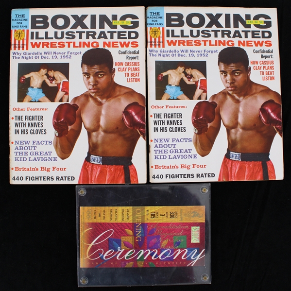 1960s-90s Cassius Clay Boxing Illustrated w/ Atlanta Olympics Opening Ceremony Ticket Stub (Lot of 3)
