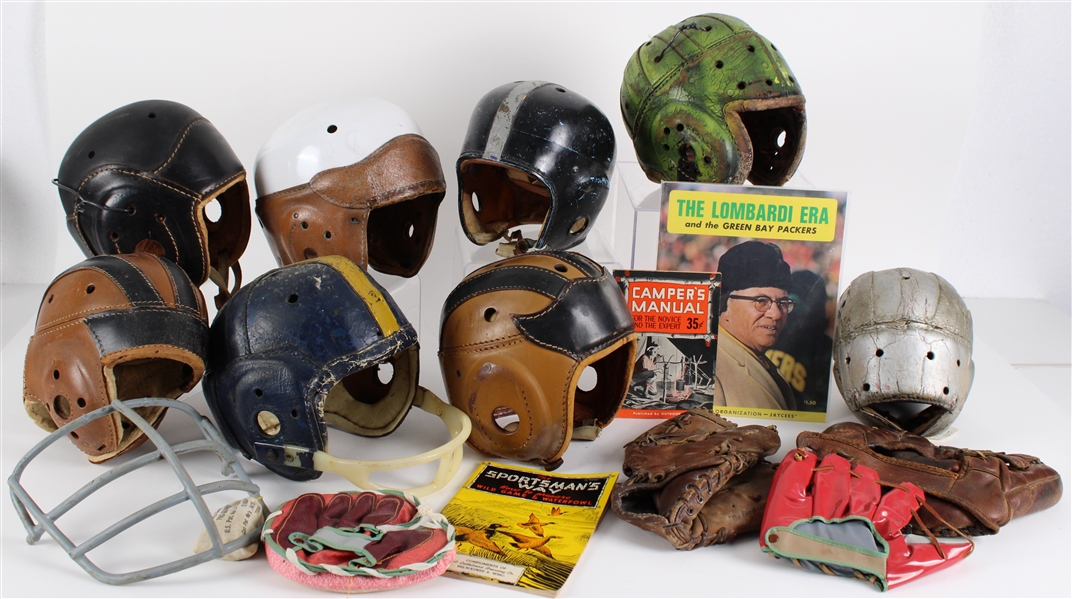1940s-1990s Leather Football Helmets, Vince Lombardi 20x26 LE Prints, Mitts & more (Lot of 20)