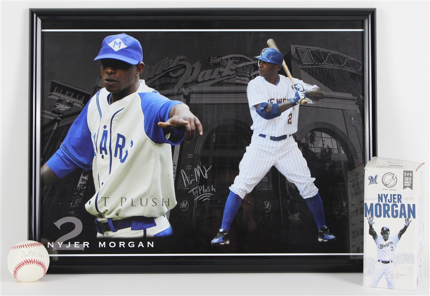 2011-12 Nyjer Morgan Milwaukee Brewers Signed 19x25 Framed Photo, Baseball & Bobblehead (Lot of 3)(JSA)