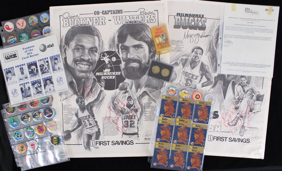 1980s-90s Milwaukee Bucks Signed 18x24 Sportraits, LE Gold Coins, Batty Beanie Baby Cards & more (Lot of 65+)