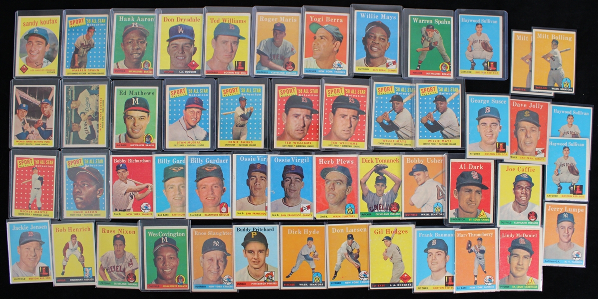 1958 Topps Baseball Trading Cards - Lot of 350+ w/ Numerous Hall of Famers & Stars
