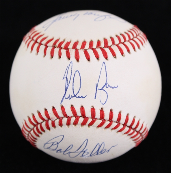 1990s Nolan Ryan Sandy Koufax Bob Feller Multi Signed OAL Brown Baseball (JSA)