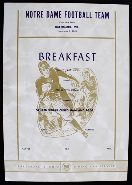 1948 Notre Dame Football Team 7x10 Breakfast Menu