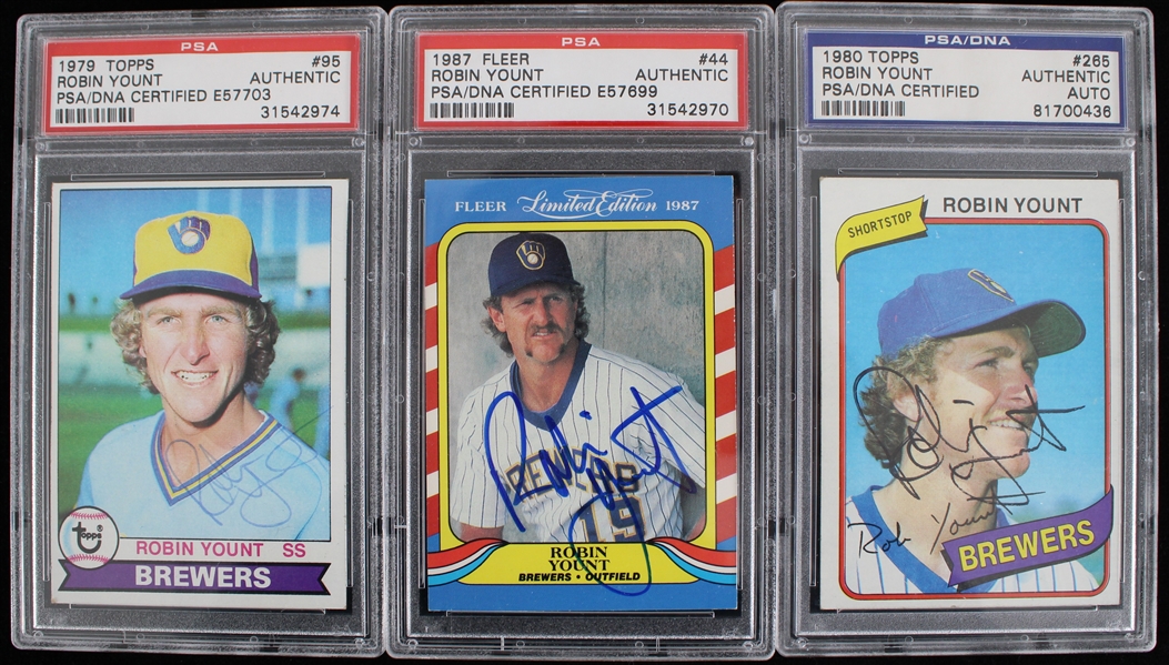 1979-87 Robin Yount Milwaukee Brewers Signed Topps, Fleer Trading Cards (PSA/DNA Slabbed)(Lot of 3)