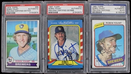 1979-87 Robin Yount Milwaukee Brewers Signed Topps, Fleer Trading Cards (PSA/DNA Slabbed)(Lot of 3)