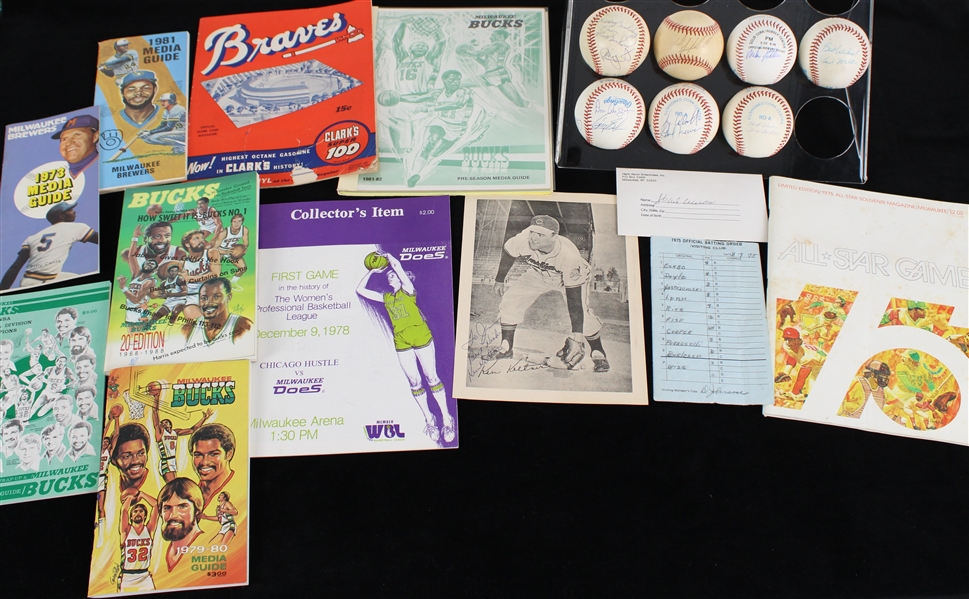 1970s-80s Milwaukee Bucks & Brewers Media Guides, Signed Baseballs & more (Lot of 19)