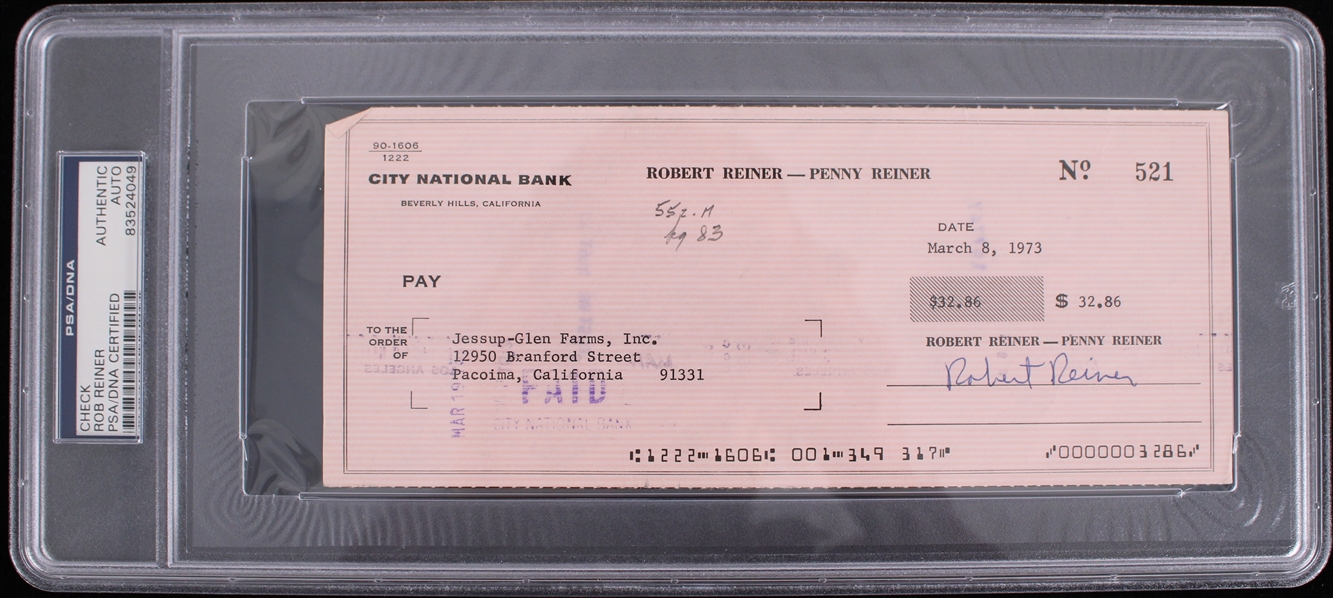 1973 Rob Reiner "All in the Familys Meathead" Signed Check (PSA/DNA Slabbed) 