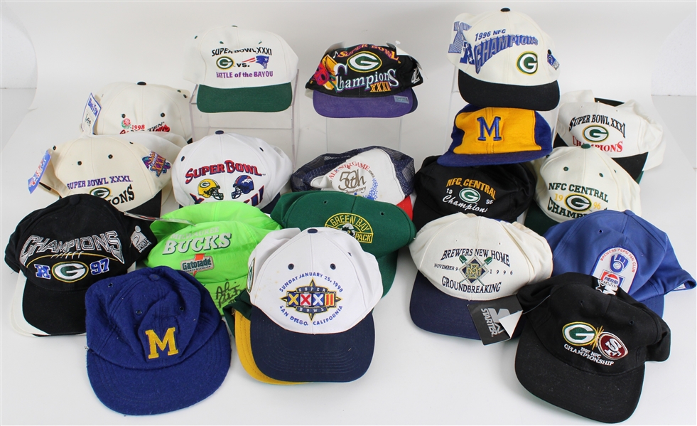 1990s Green Bay Packers Super Bowl & Milwaukee Brewers Hats (Lot of 27)