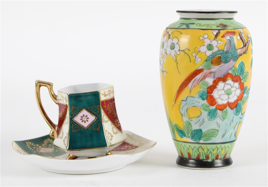 Andrea Hand Painted Tea Cup w/ Saucer & 5" Vase (Lot of 3)