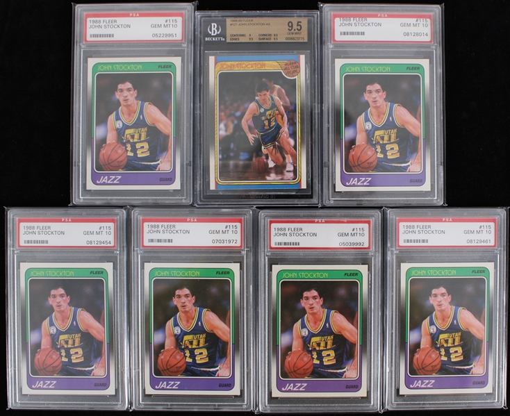 1988 John Stockton Utah Jazz Graded Fleer Rookie Cards (Lot of 7)(PSA & Beckett Slabbed) 