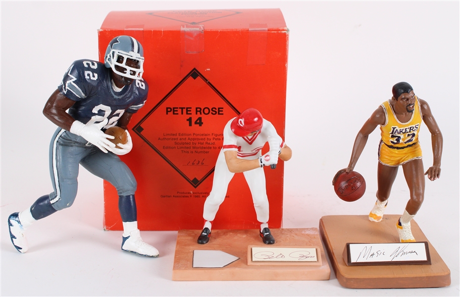 1980s Pete Rose & Magic Johnson Signed Statues w/ Emmett Smith (Lot of 3)(JSA) 