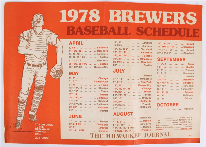 1978 Milwaukee Brewers Milwaukee Journal 15"x21" Baseball Schedule w/ Pepsi Home Run Countdown 