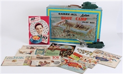 1940s-60s MARX Carry All Boot Camp 13"x19" Playset w/ Toy Yearbooks & more (Lot of 20+)