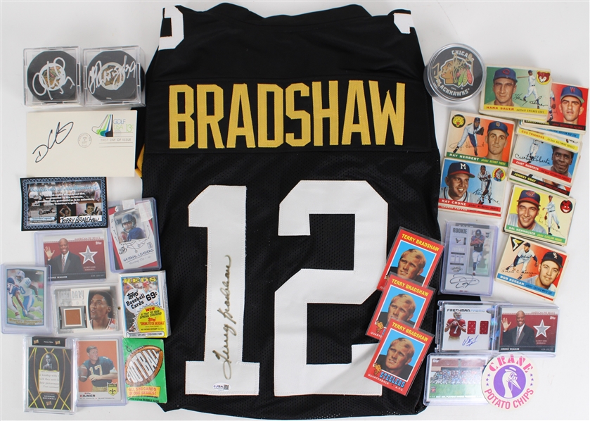 1950s-2010s Sports Memorabilia Collection w/ 1955 Topps Baseball Cards, Colin Kaepernick Football Cards, Terry Bradshaw Signed Jersey & More (Lot of 90+)