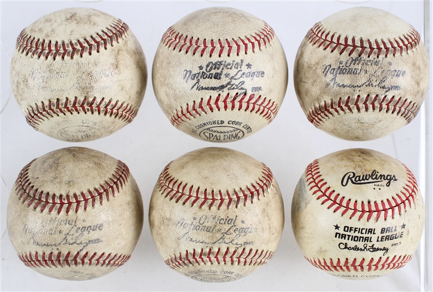 1960s-82 Official National League Game Used Baseballs - Lot of 6 w/ Five Warren Giles & One Charles Feeney (MEARS LOA)