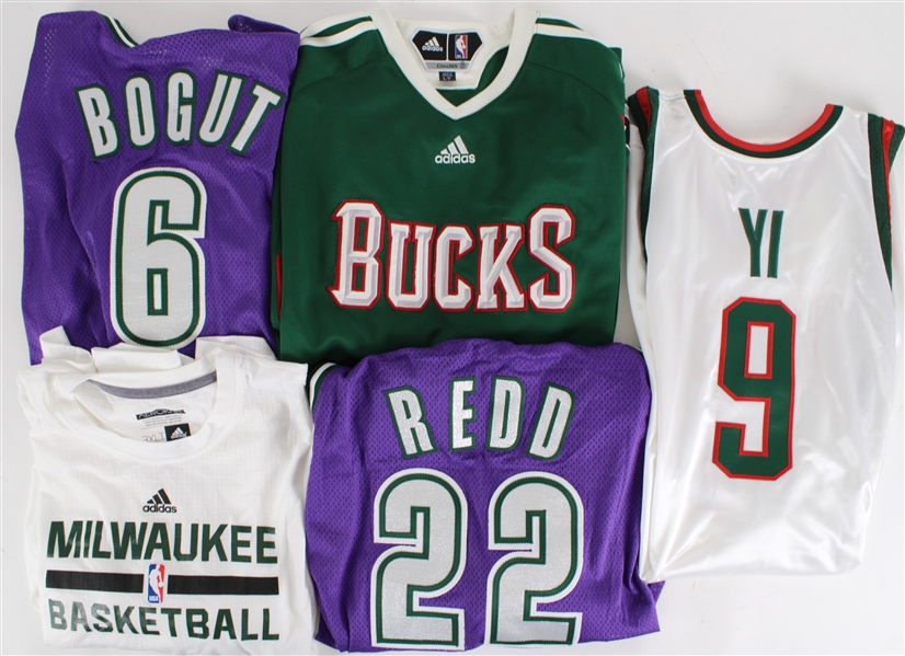 2003-16 Milwaukee Bucks Team Issued Apparel - Lot of 5 w/ Andrew Bogut Jersey, Michael Redd Jersey, Yi Jianlian Jersey & More (MEARS LOA)