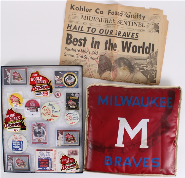 1957-2010s Milwaukee Braves Seat Cushion, Newspaper, Pinbacks and more (Lot of 17) 