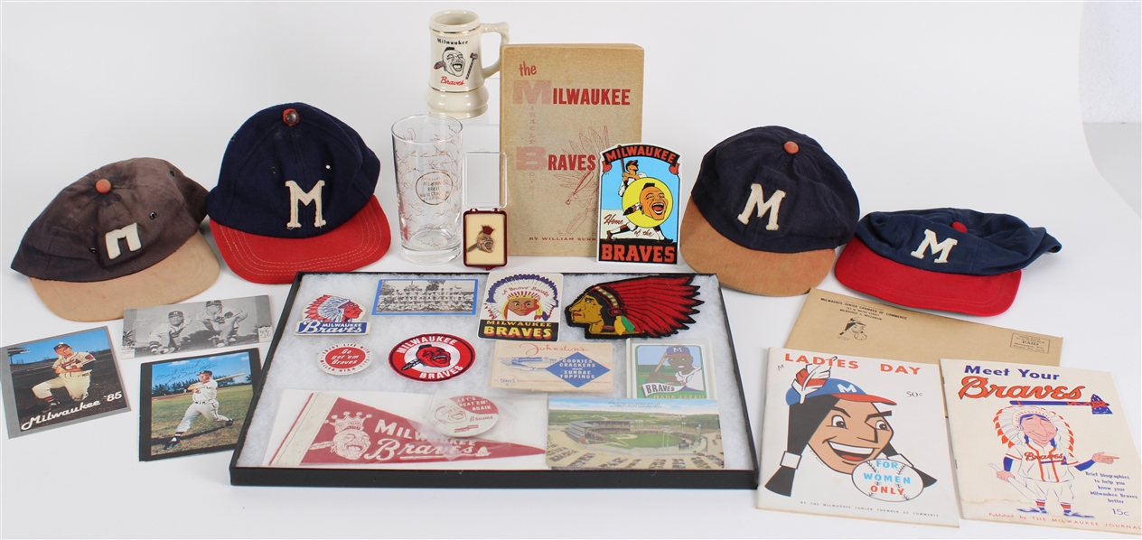 1950s Milwaukee Braves Press Pin, Glassware, Postcards and more (Lot of 25) 