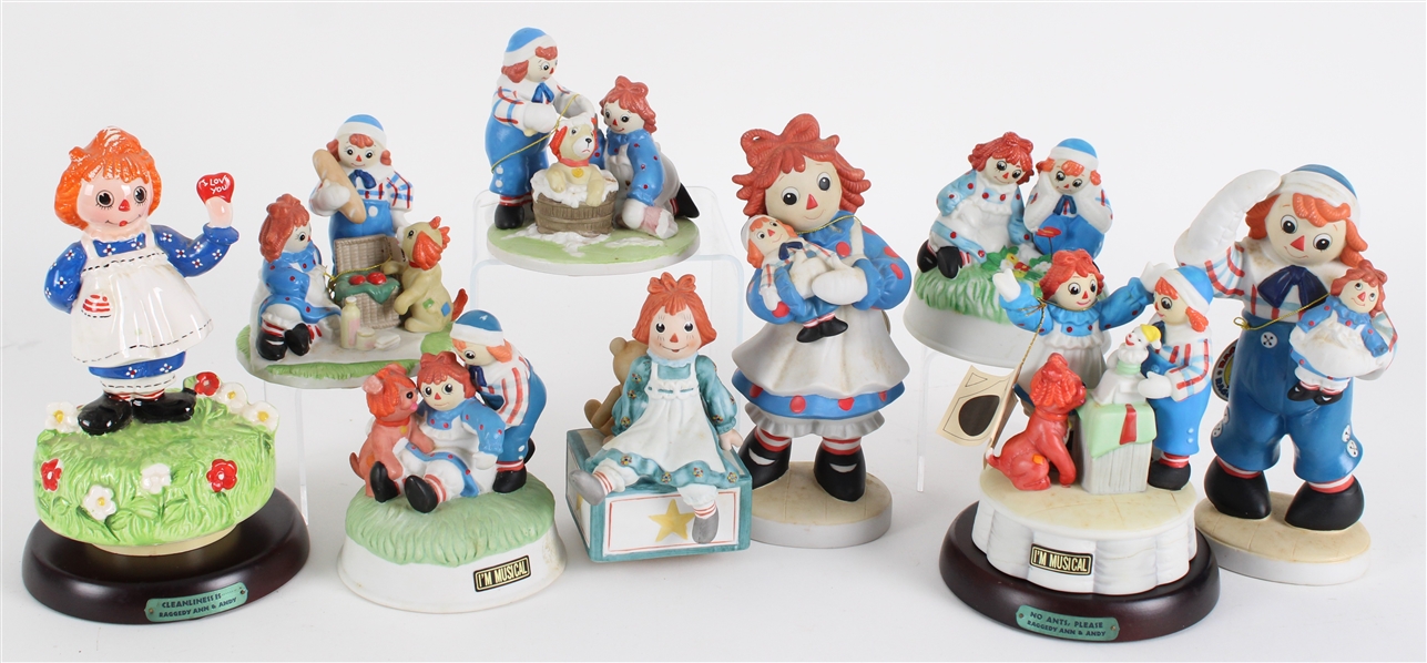 1970s-80s Raggedy Ann & Andy Porcelain 4" to 8" Figures (Lot of 9)