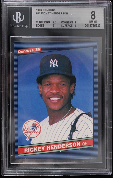 1986 Rickey Henderson NY Yankees #51 Donruss Slabbed Card (Beckett 8 NM-MT) 