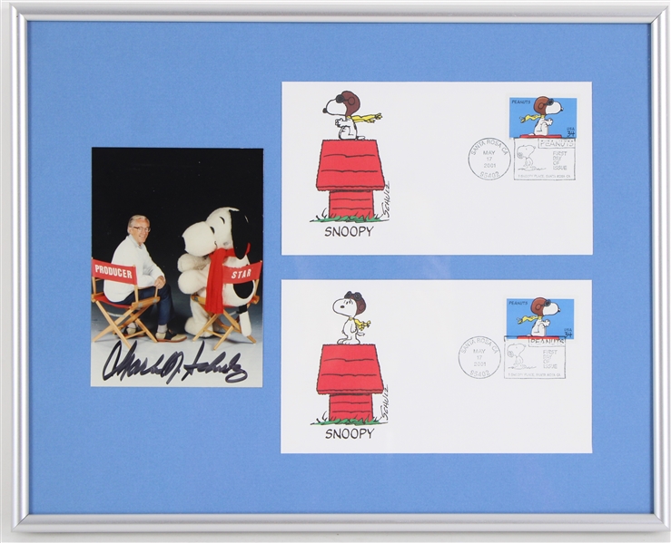 2001 Charles Schulz Peanuts Facsimile Signed 11"x14" Framed Snoopy Postcards & Photo 
