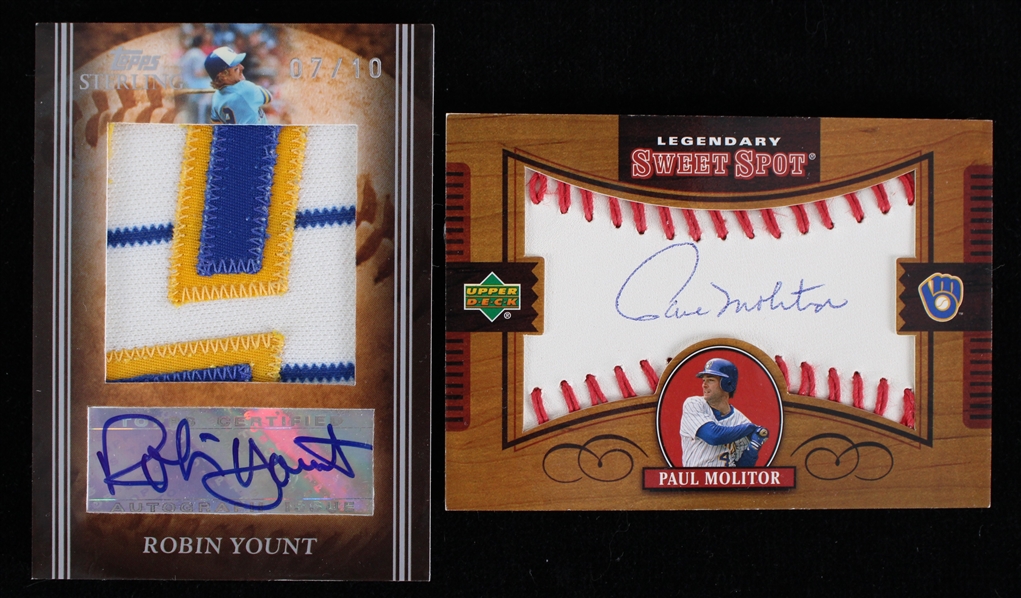 2002-08 Paul Molitor, Robin Yount Milwaukee Brewers Signed Sweet Spot & Swatch Card (Lot of 2)