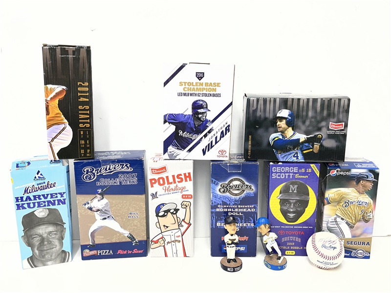 2000s Milwaukee Brewers Bobbleheads and Signed Baseball (Bud Lea Collection)(Lot of 12)
