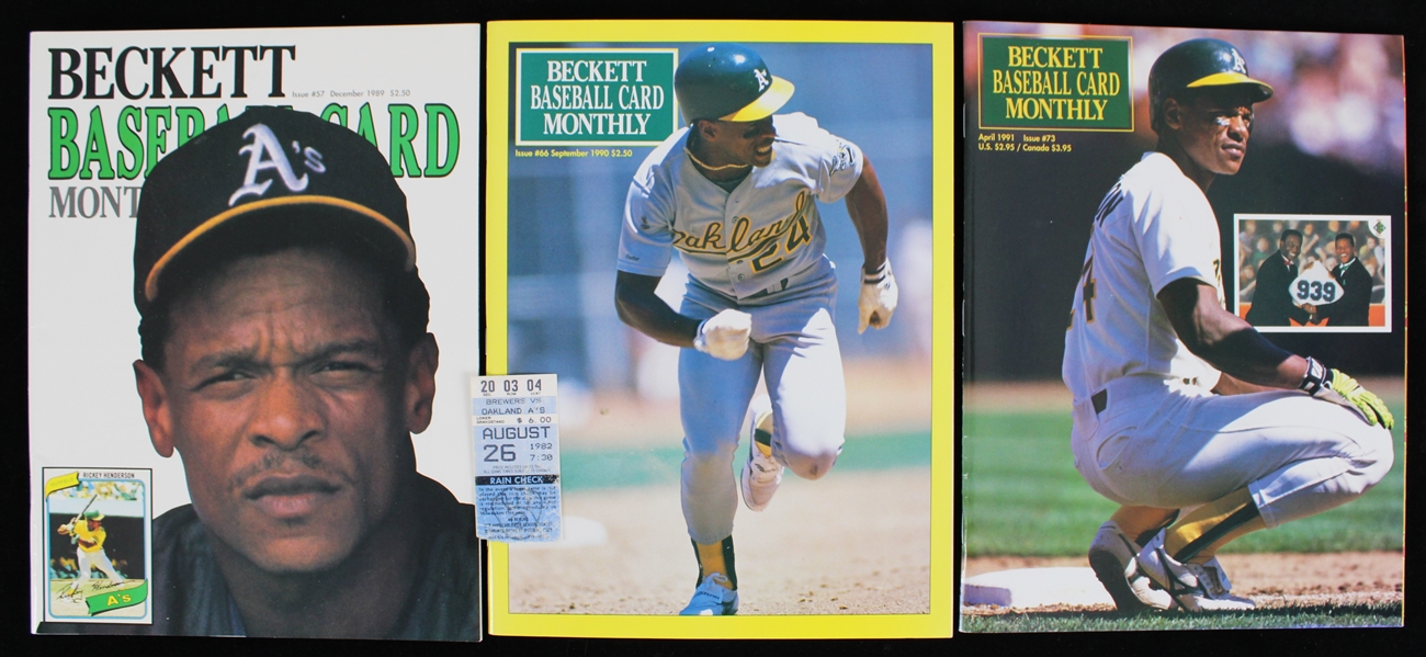 1980s-90s Rickey Henderson Beckett Magazines w/ 82 Ticket Stub Tie w/ Lou Brock (Lot of 4)