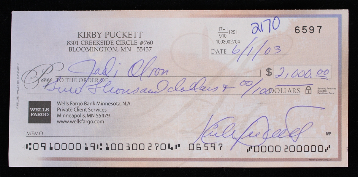 2003 Kirby Puckett Minnesota Twins Signed Personal Check (Jodi Olson COA)(JSA) 