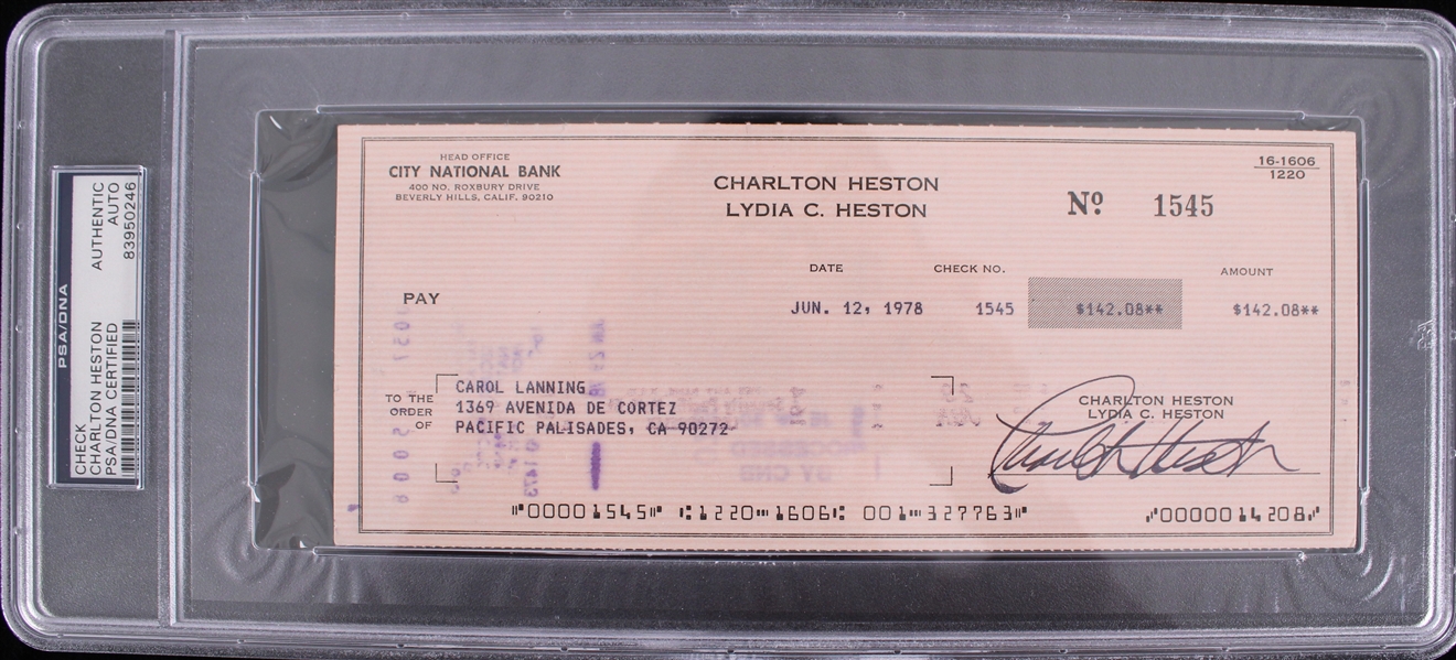 1978 Charlton Heston Planet of the Apes Signed Check (PSA/DNA Slabbed) 