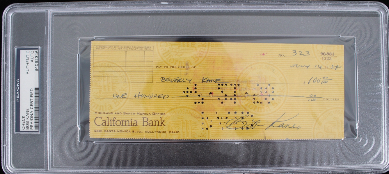 1958 Bob Kane Batman Co-Creator Signed Check (PSA/DNA Slabbed)