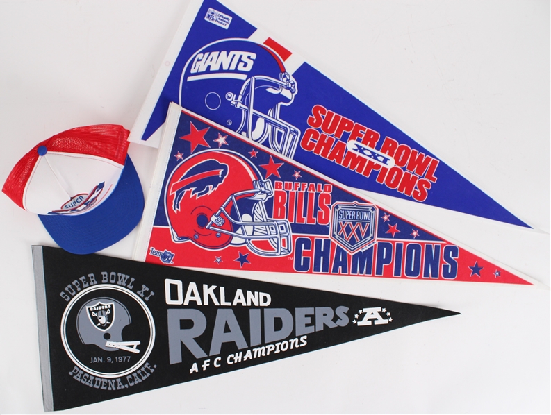 1977-91 Super Bowl Full Size Pennants & Cap (Lot of 4)