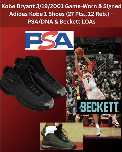 2001 (March 19) Kobe Bryant Game Worn & Signed Adidas Kobe 1 Shoes (27 Pts., 12 Reb.) – (PSA/DNA, Beckett, MEARS LOA)