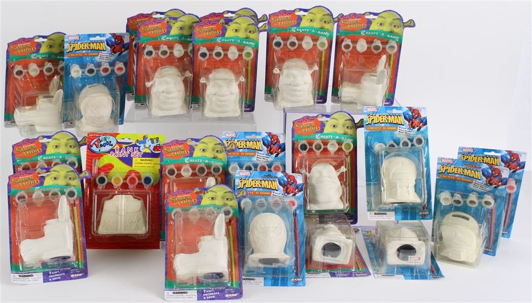 2007 Shrek & Spider-Man Create-a-Bank Paint Sets MIP (Lot of 23)