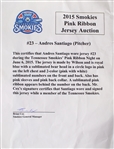 2015-23 Tennessee Smokies Pink Ribbon Jerseys Including Andres Santiago (Lot of 4)