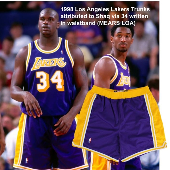 1998 Los Angeles Lakers Trunks attributed to Shaq via 34 written in waistband (MEARS LOA)