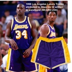 1998 Los Angeles Lakers Trunks attributed to Shaq via 34 written in waistband (MEARS LOA)